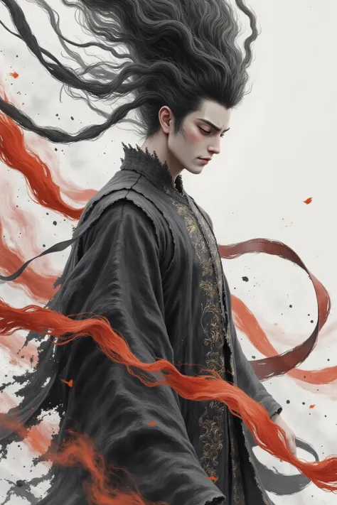 high quality, super realistic,4K,8k,Masterpiece,Extreme Details,Realism,Professional Photography,Chinese martial arts， Double arm， Black Feather Wings ，Chinese Ink Painting,huge flowing flowing long hair, Handsome Male ,Broken Robe,Dynamic action ,Mysterio...