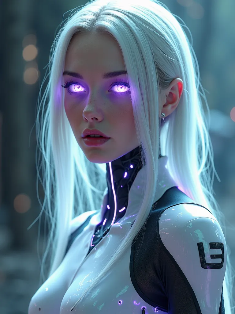 1 , ultra realistic, tall girl,  perfect body,  realistic face ,  perfect face,  realistic body, epic skin details,  white hair , hyper rendering,  ultra details,  glowing eyes,  purple eyes, Blush, parted lips,  cybernetic hands , cybernetic legs, luminou...