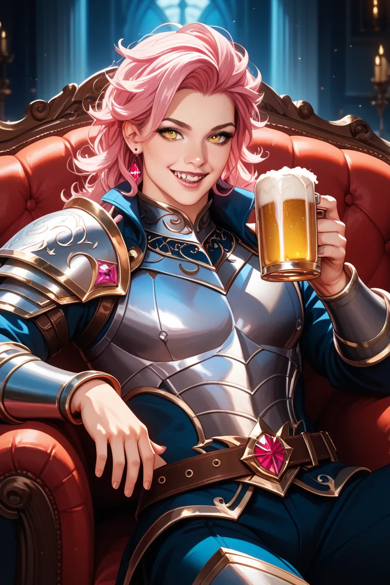 A handsome man with long pink hair, bat wings, yellow eyes, paladin armor, smiling sitting in an armchair in a nightclub, holding a glass of beer, vampire teeth