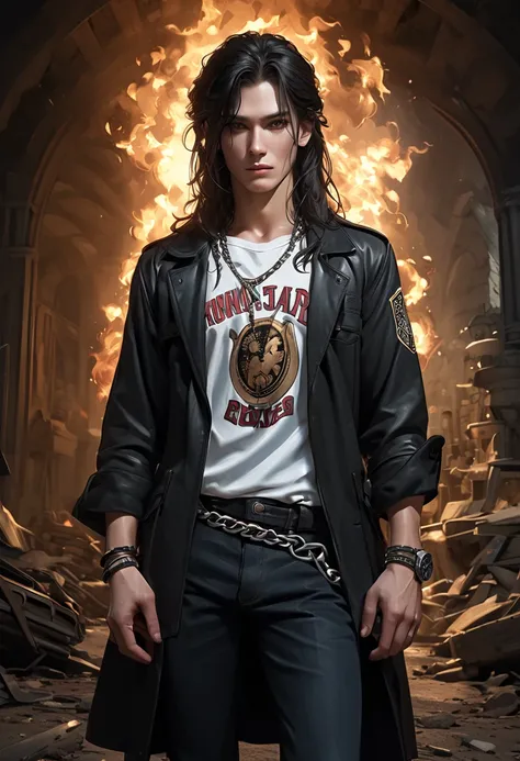 mutant do sexo masculino, 20 years, mutant, very long black hair, straight black hair too long at waist height, blue eyes, wearing a black overcoat, black rock band jersey, black jeans and black boots, silver chains on clothes and wrists,  strong and defin...