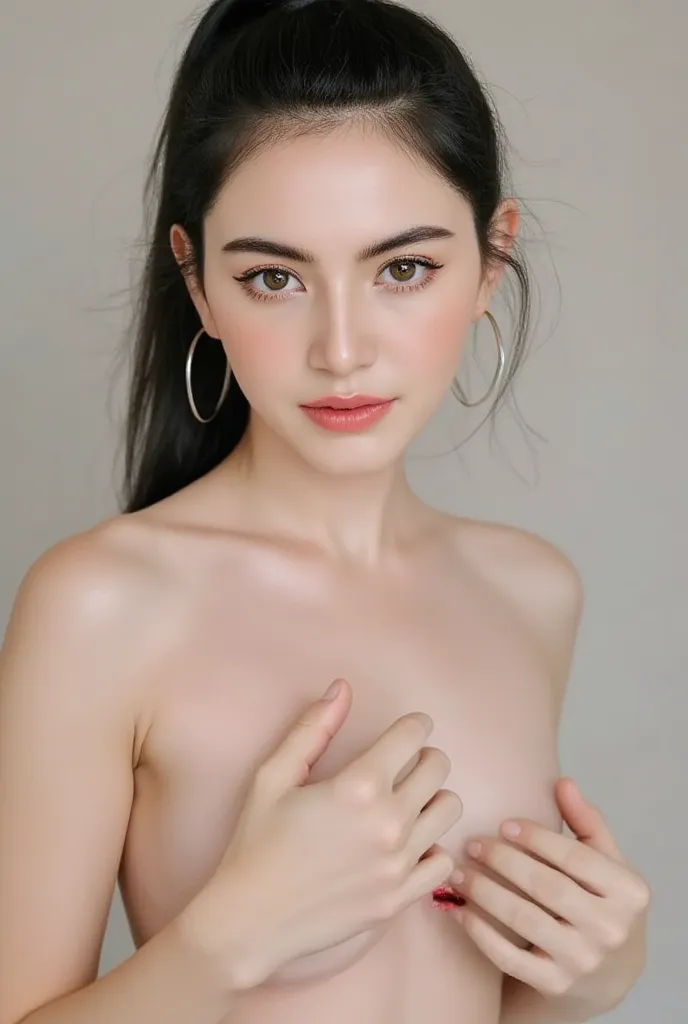 Professional portrait photo, frontal view, Mai, (((Davika Hoorne))), beautiful pale skin Russian woman ((long hair)) holding her chest for a tits job, ((ponytail hair)), ultra detailed facial features, natural facial skin without make up, alluring facial e...