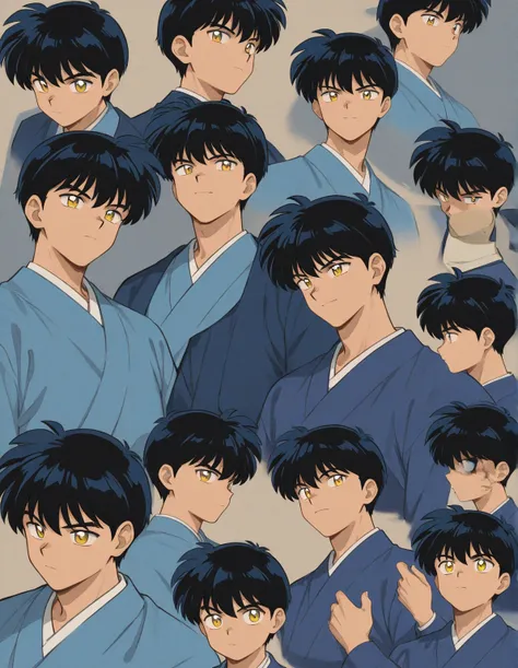 Just one little 11 boy  that is a sixth grade primary school student. He has short black hair and golden eyes wearing a blue uniform. He has a dead gaze. No smiling. Handsome. A . . minor. Inuyasha anime character art style. High quality. 