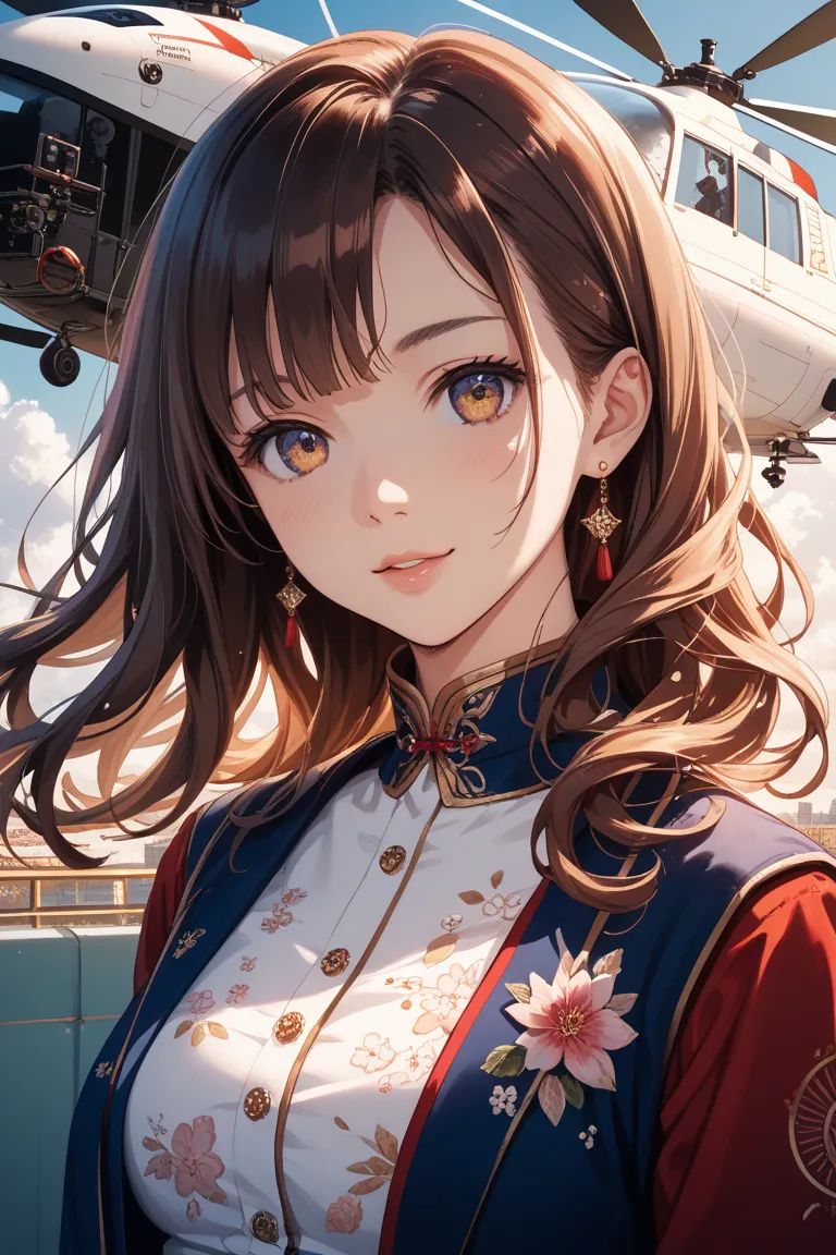 Japanese brown-haired girl
I'm in my early 30s and have long brown hair, long hair, and colorful nails that are about the waist
In anime style with the angle seen from the outside of the helicopter