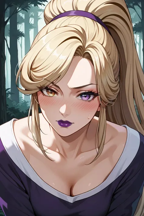 masterpiece,Highest quality,hirudasama,(((40 years old))),(( aunt)), anime,2020s,heterochromia, redeyes,blackeyes,((Purple lips)),blonde hair, very long ponytail,scowl,panting,blush,dirty,forest,leaning forward,embarrassed,heavy breathing