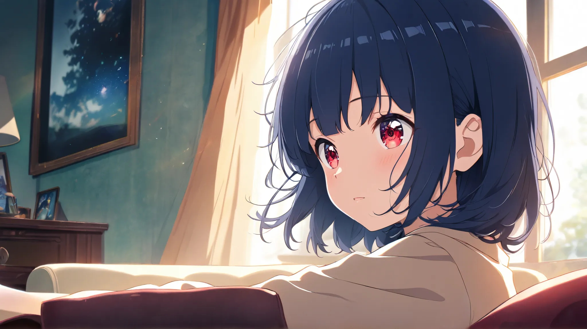 An anime girl s, with long dark blue hair, red eyes, on the couch,  in the living room