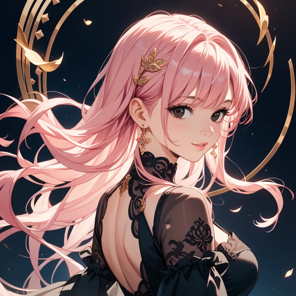 "A beautiful anime-style girl with shoulder-length silky pink hair and deep black eyes. She has a calm yet confident expression, exuding a cool and elegant aura. She wears a sleek, minimalist black dress with an off-shoulder design, made of smooth fabric t...