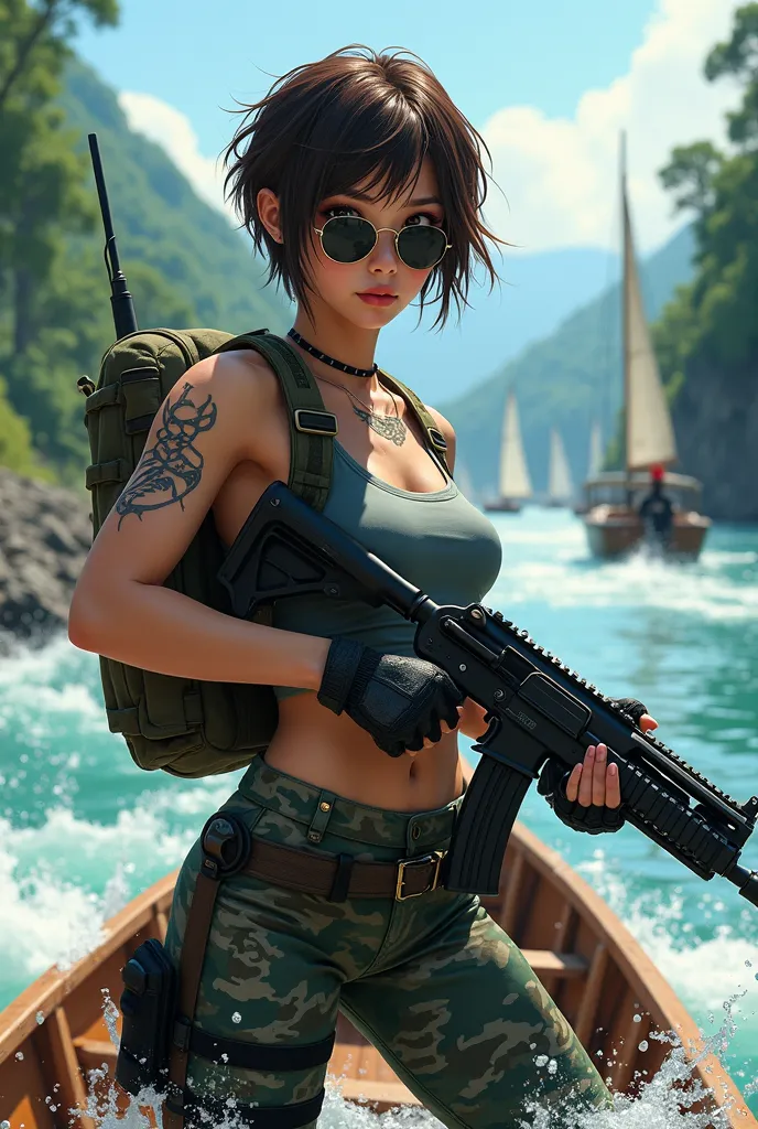  Realistic photo image: A Mighty young woman from korean, short brown hair in a mess in the wind, cute face, tattoo, squat riding on Wooden boat with a bright blue sky. Wearing a tank top, leggings with an army camouflage motif, backpack and lars, gloves. ...