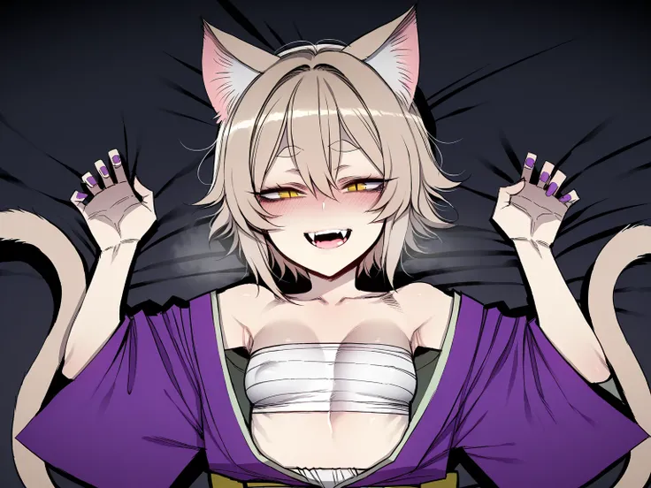 ((ratatatat74)), ((1 girl)), solo, Nekomata, light brown hair, ((short hair))), hair between eyes, light brown cat_ears, short eyebrows, yellow eyes, slit_pupils, fangs, nail, mesugaki, small_breasts, purple_color_short_kimono, bandaged_chest, fundoshi, gi...