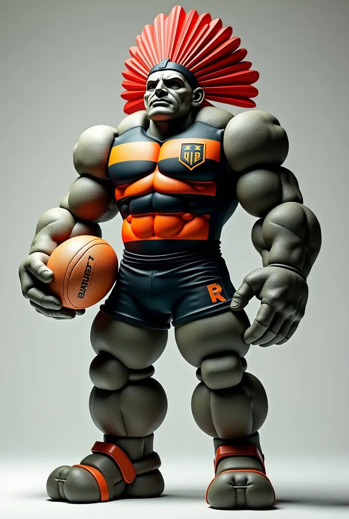 (photorealism:1.2), muscular body made of several pieces of stones spaced between them, with a robust and powerful appearance. He wears a black and orange uniform with horizontal stripes,  representing the team  "Ita Rugby". Its head is decorated with a la...