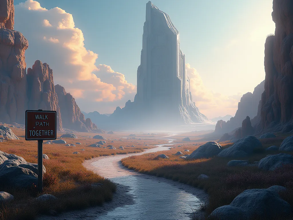 you see a long way that goes to a gigantic console on the horizon, at the beginning of the road there is a sign that says, let's walk the path together?