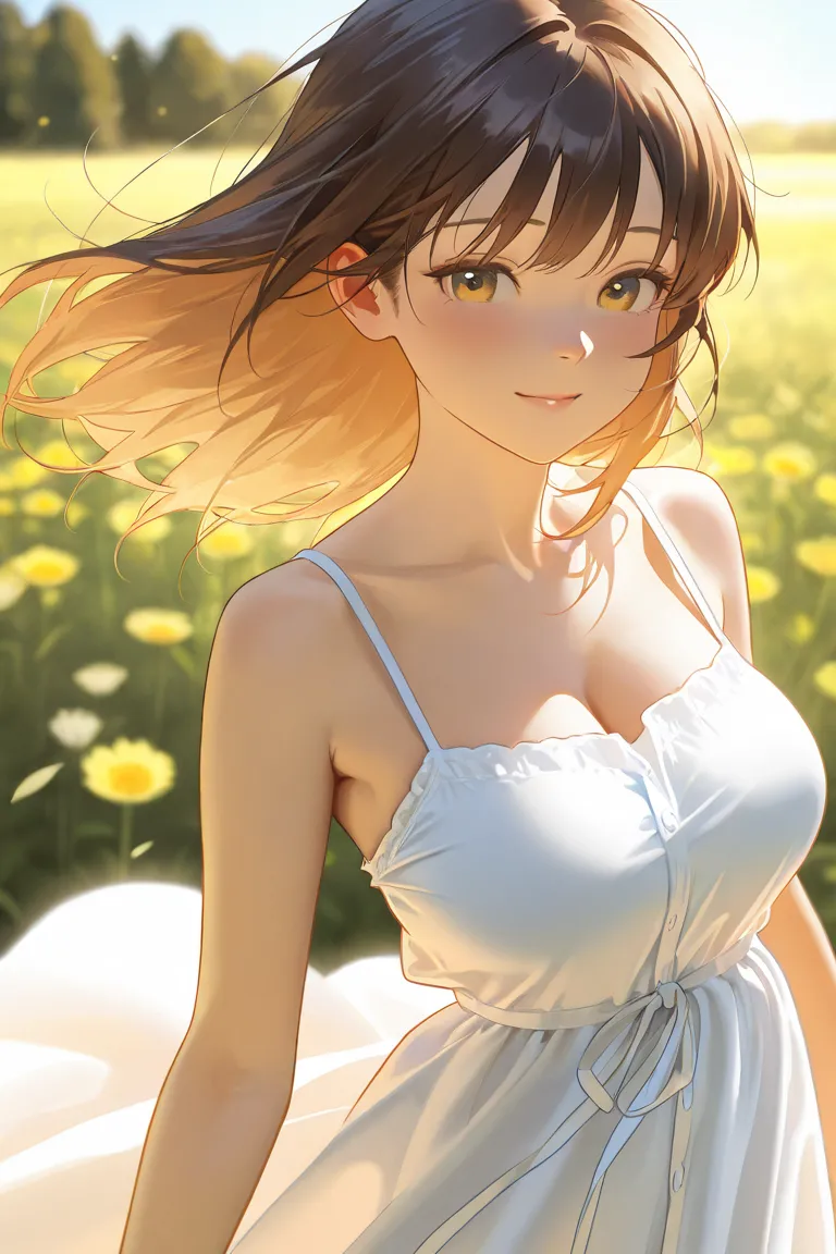 ((Highest quality)), ((masterpiece)), a girl, huge breasts, sundress