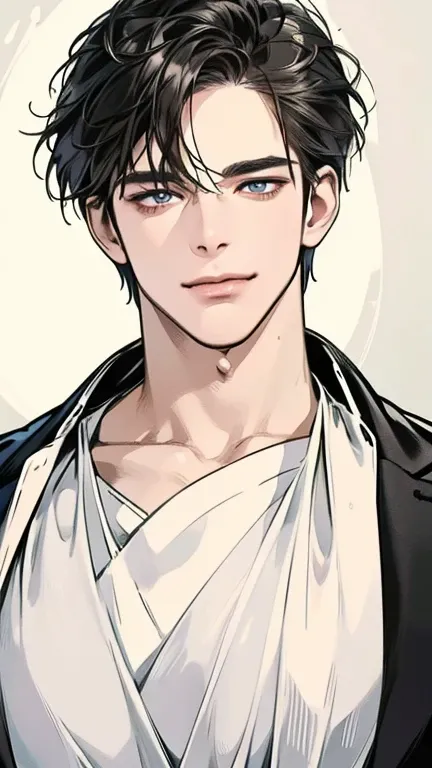 (best quality,4K,8k, highres,masterpiece:1.2),ultra-detailed,(Realistic,photoRealistic,photo-Realistic:1.37), 30-year-old male,3 day beard,Cute anime ,Portraits,strong,masculine, dark hair,sharp jaw,  mesmerizing eyes  , perfectly groomed hair , cool anime...