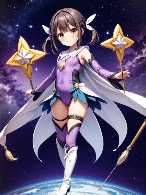 one girl, Miyu Edelfelt, cute face, thin and tall, smile, brown eyes, black short hair, short twin tails, ribbons, magical girl, purple leotard, purple detached sleeves, purple thigh highs, thigh strap, white long boots, white footwear, white cape, magical...