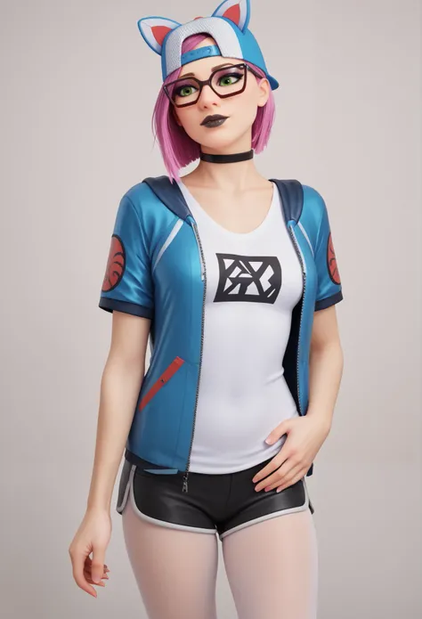 girl (Masterpiece),choker ,black lips,cap (alone )loose V-neck T-shirt,blue jacket (white pantyhose, with shorts), gaming, beautiful green eyes, short pink hair, glasses

INFO