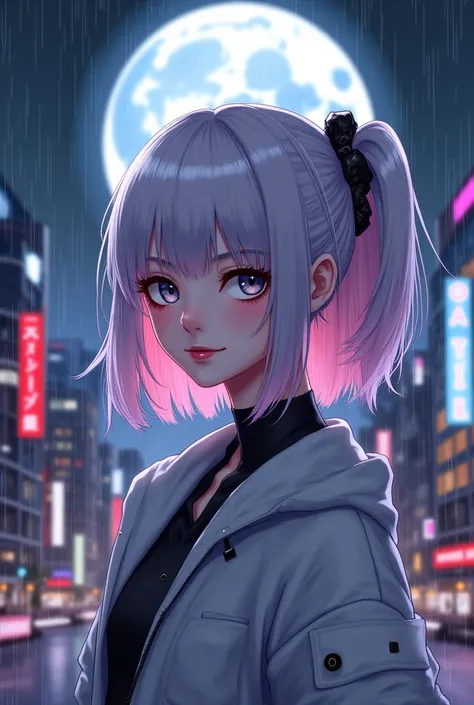 lucy \(cyberpunk\), 1girl,  hair scrunchie, hime cut, silver hair, colored tips, full moon, grey eyes, jacket, long sleeves, looking at viewer, medium hair, multicolored hair, parted bangs, parted lips, pink hair, portrait, red eyeliner, red lips, solo, wh...