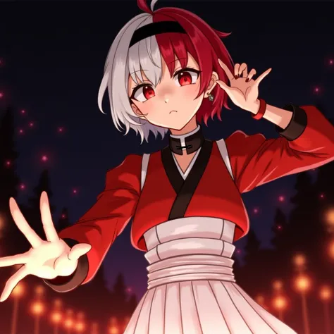 1girl, solo, outdoors, night, dark, red theme, looking at viewer, varukyure, multicolored hair, white hair, red hair, short hair, red eyes, jewelry, earrings, collar, headband, black headband, toned, serious, cowboy shot, gakuran jacket, long sleeves, puff...