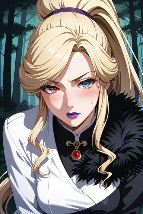 masterpiece,Highest quality,hirudasama,(((40 years old))),(( aunt)), anime,2020s,heterochromia, redeyes,blackeyes,((Purple lips)),blonde hair, very long ponytail,scowl,panting,blush,dirty,forest,leaning forward,embarrassed,heavy breathing