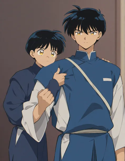 Just one little 11 boy  that is a sixth grade primary school student. He has short black hair and golden eyes wearing a blue uniform. He has a dead gaze. No smiling. Handsome. A minor. Inuyasha anime character art style. High quality. 