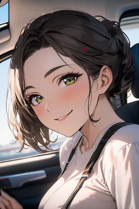 top quality, masterpiece, Hi-Res, 8k, (1 girl ), Alone, sexy, (bust shot), (casual fashion with seat belts), black bun hair, Mature Woman, ((( kind expression))), sit in the passenger seat of a car, smile, ((( toro face))), Beautiful breasts, viewers next ...