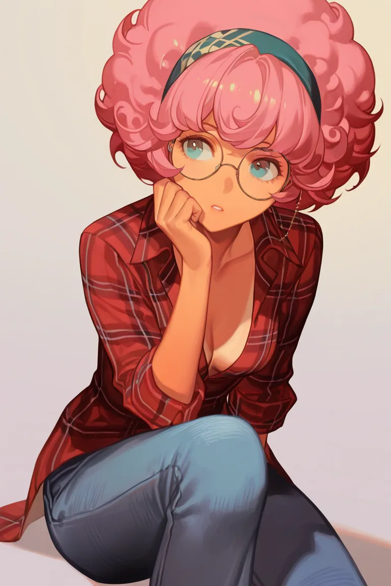 (Opening:0.0),1girl, masterpiece,best quality,amazing quality,
(Artists:0.00),
 rei_\(sanbonzakura\), ask_\(askzy\), hungry clicker, 
(Traits:0.0),
Small breasts , curly hair, small afro, pink hair, tan,
(Dress:0.0),
Round eyewear, headband, eyewear strap,...