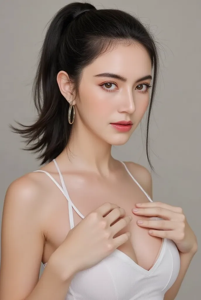 Professional portrait photo, frontal view, Mai, (((Davika Hoorne))), beautiful pale skin Russian woman ((long hair)) holding her chest for a tits job, ((ponytail hair)), ultra detailed facial features, natural facial skin without make up, alluring facial e...