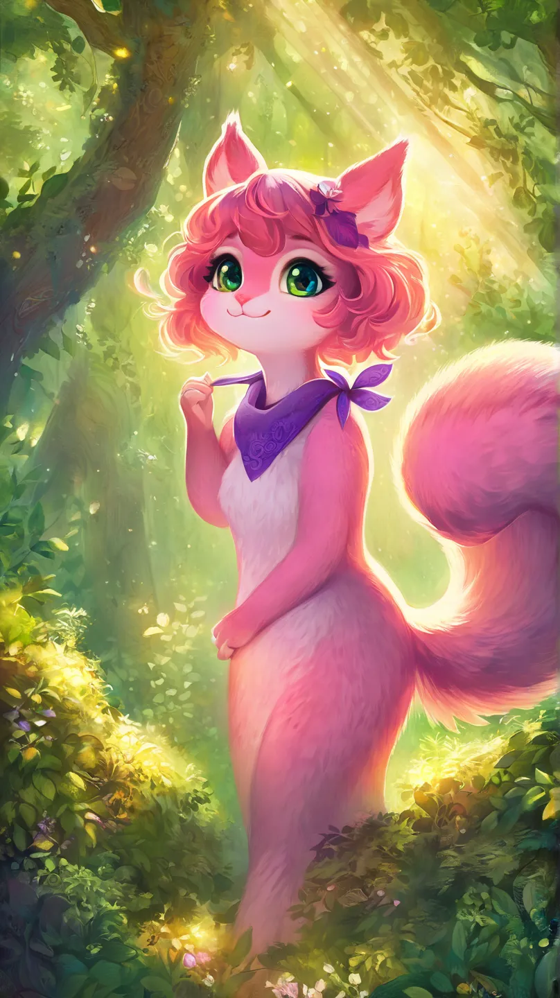 furry,squirrel girl,  pink fur,green eyes, purple handkerchief around her neck 