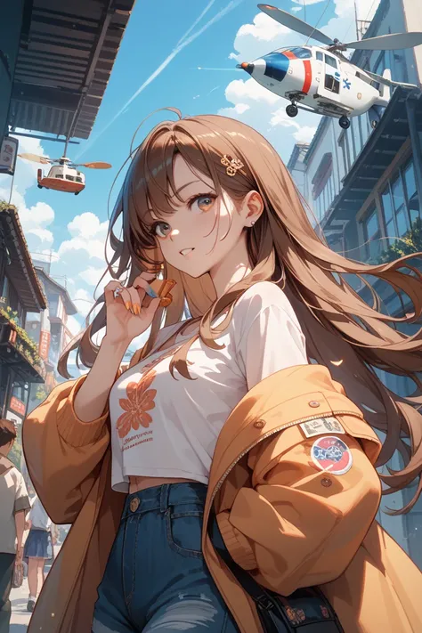 Japanese brown-haired girl
I'm in my early 30s and have long brown hair, long hair, and colorful nails that are about the waist　Street clothes
The place where they are piloting a helicopter is in anime style from the angle seen from outside the helicopter