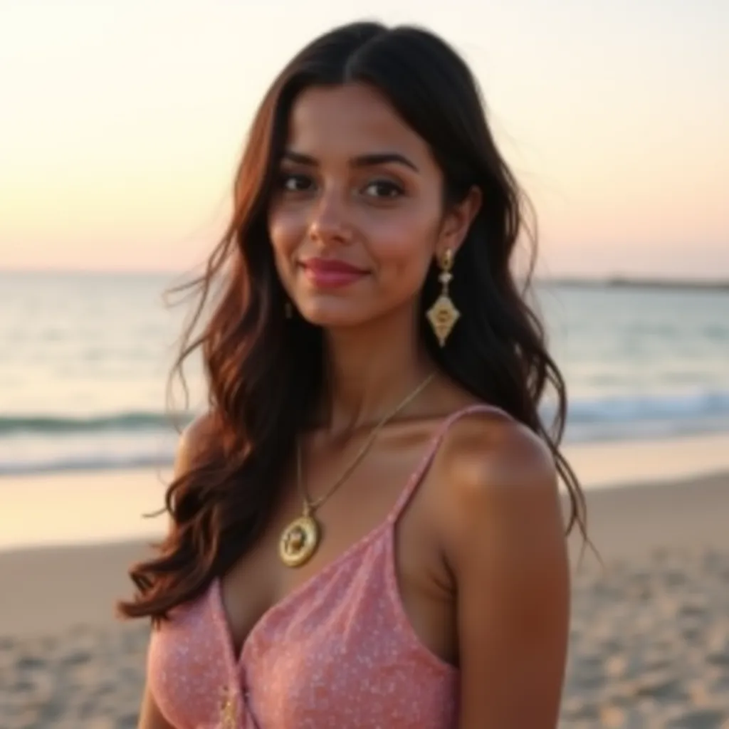 A beautiful young woman with long, wavy black hair standing on a serene beach during sunset. She is wearing a delicate pink sleeveless dress with intricate patterns, and she has a confident yet gentle expression. Her skin glows in the warm, soft light of t...