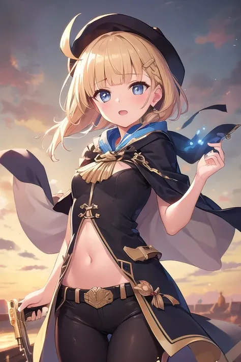 ((top quality)), ((masterpiece)), (Details),  1 girl。blunt bangs。Short Hair。braided ponytail。ahoge。Cute hair clip。 look so young。(small breasts)。(moving composition)。western drama。Gunman。hat。cloak。 two pistols。