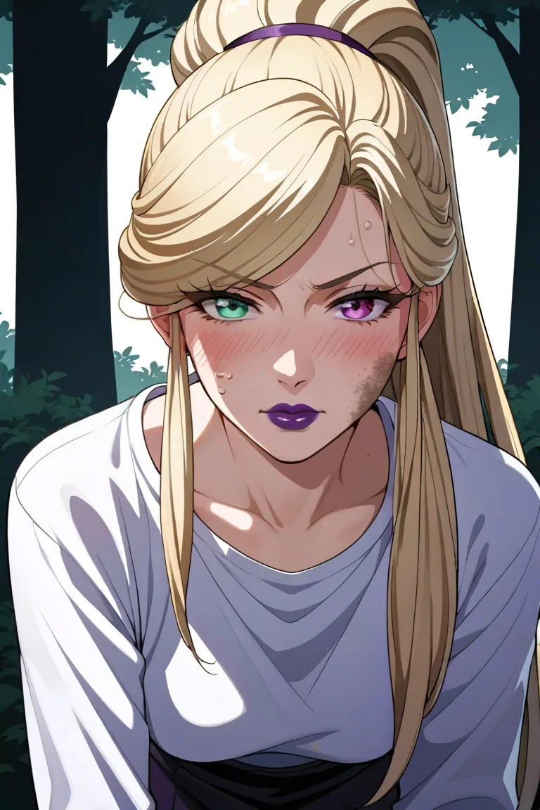 masterpiece,Highest quality,hirudasama,(((40 years old))),(( aunt)), anime,2020s,heterochromia, redeyes,blackeyes,((Purple lips)),blonde hair, very long ponytail,scowl,(((panting))),blush,(((dirty))),forest,leaning forward,embarrassed,heavy breathing