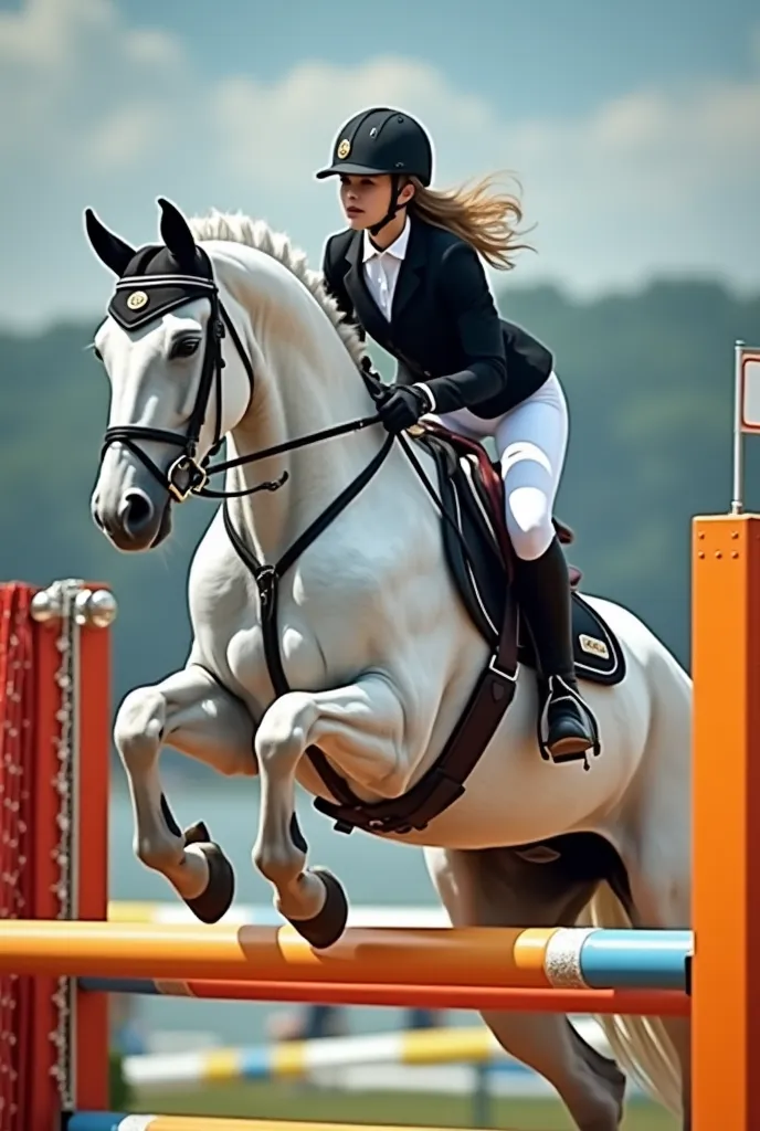 White horse, Who jumps a, Coloured in a competition with a female rider on her back wearing a black bombshell