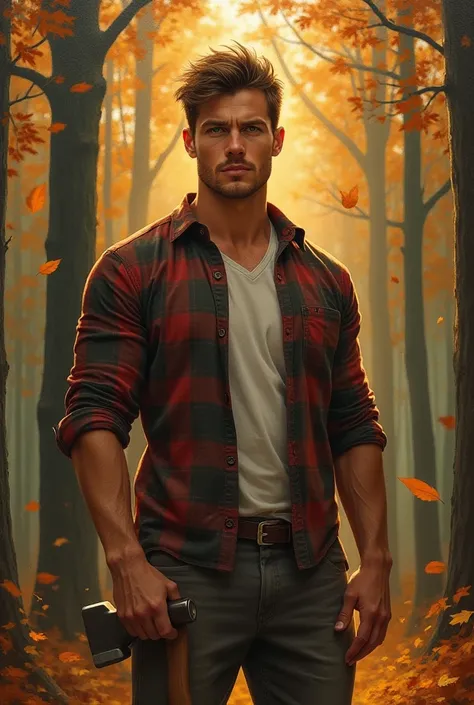 brown-haired, green-eyed muscular man, dressed informally with a checkered shirt and axe in his hand, in a wooded environment with tall trees,  warm sunset light , loose leaves falling, depth of field effect, realistic oil painting,  ultra fine details , s...