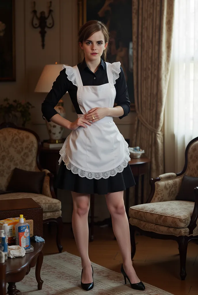 Emma watson.realistic.short maid costume.high heels.cleaning.sheer pantyhose.