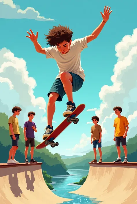 Please make me a picture of a 17-year-old skater as realistic as possible.  She has short ,  curly hair. Wears a T-shirt and not a helmet. She is on a ramp doing cool tricks.  There is a river flowing in the background, Three people are watching her, the g...