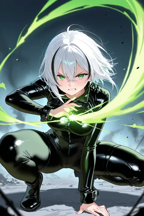 green-eyed girl, medium size white hair with black tips ,  Angry expression  (wearing a tight black leather jumpsuit ) (Evil magic green) (Squat fighting pose)