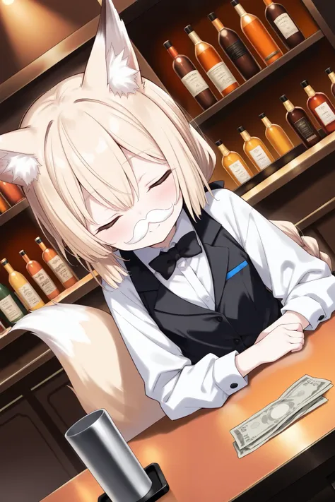 score_9, score_8_up, score_7_up, ((dim, deep shadows, bar, counter table)), dutch angle, (solo, 1girl, blonde hair, low braid ponytail, fox ears, short fox tail), (((loli, thin, petite, short body))), (upper body, bartender, bundle of money), (closed eyes)...