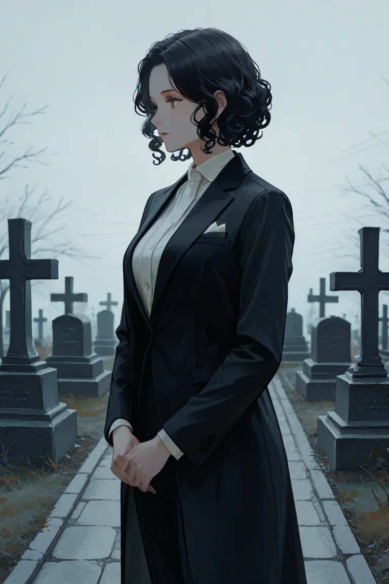  a tall woman, with short black hair ,curly, in a suit, standing, Observing a burial from afar