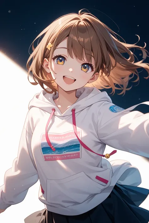 Very smiling and cute illustration of a girl with brown hair wearing a white hoodie