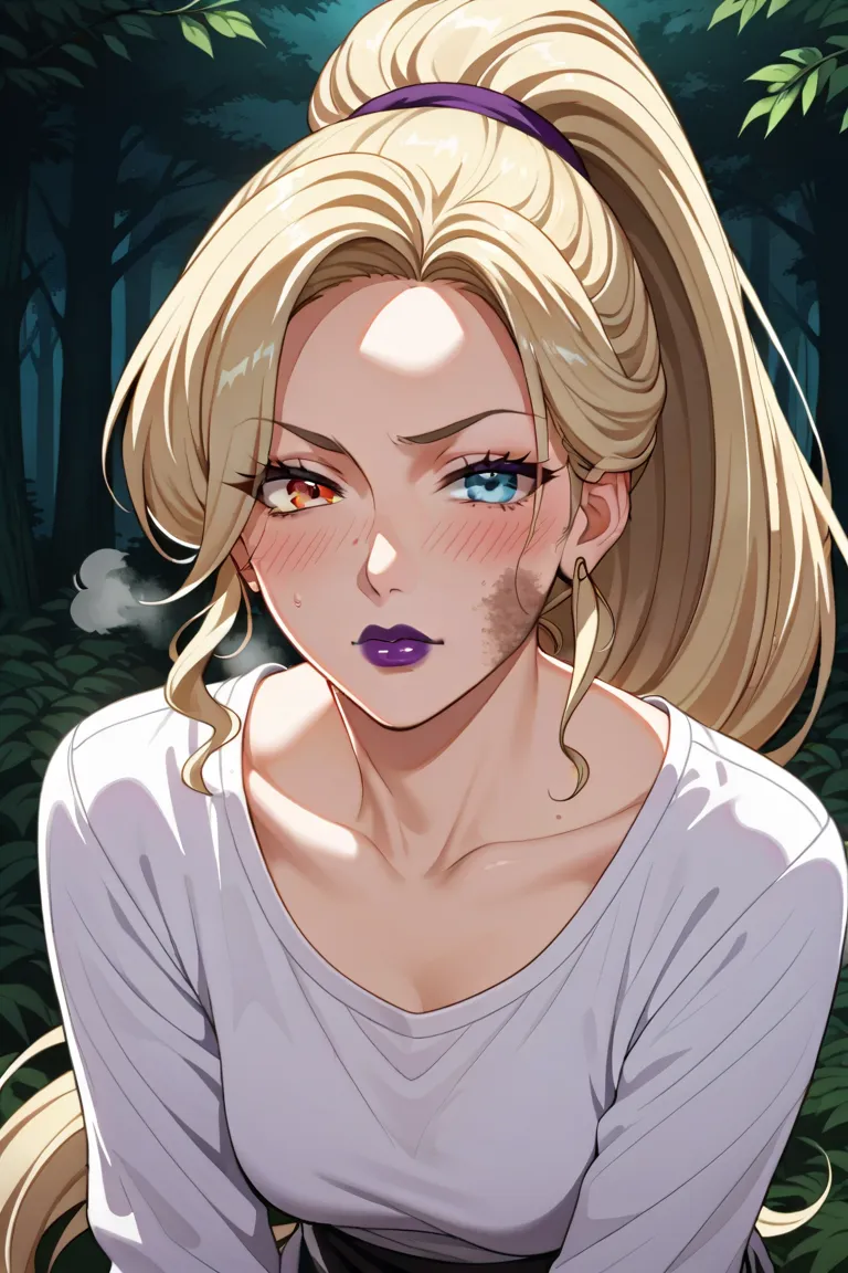 masterpiece,Highest quality,hirudasama,(((40 years old))),(( aunt)), anime,2020s,heterochromia, redeyes,blackeyes,((Purple lips)),blonde hair, very long ponytail,scowl,(((panting))),blush,(((dirty))),forest,leaning forward,embarrassed,heavy breathing