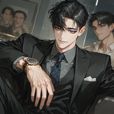 4k , 8k , (1 old man short black hair dark blue eyes) , short hair style , ((no hair bang)) , office environment , novel , manhwa , handsome man , very details , good focus , hair details ,ตรงตามกายวิภาคมนุษย์ ,ร่างกายสมส่วน , half body focus , close up sh...