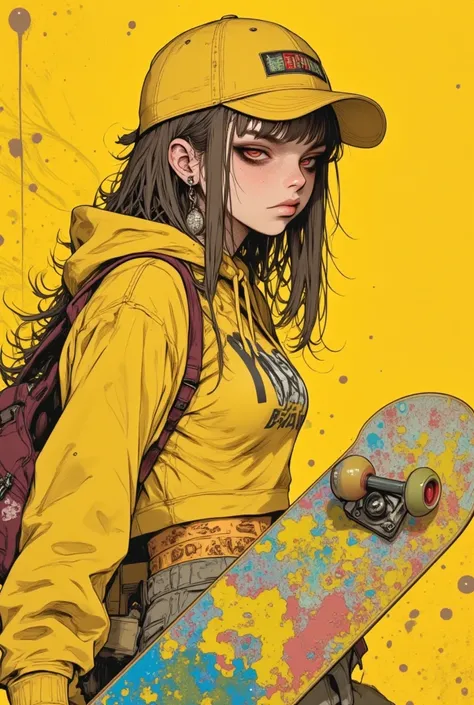 American comic style, illustration, girl, street fashion, dark, skateboard play, street, Dark expression, pale face, high resolution, flashy makeup, hard touch illustration, strong outline, strong shadow, side face, yellow color wear, street style, cap, sw...