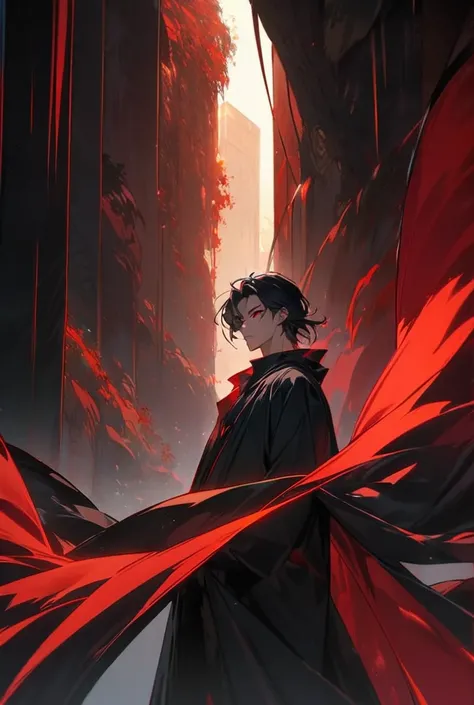 A man with big black hair swaying in the wind he has crimson red eyes and he wears a black robe with yellow details 