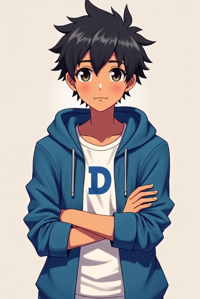 Change my Minecraft skin into a anime boy with a blue hoodie and a white shirt with the letter d on it skin colored brown and he is folding is arms