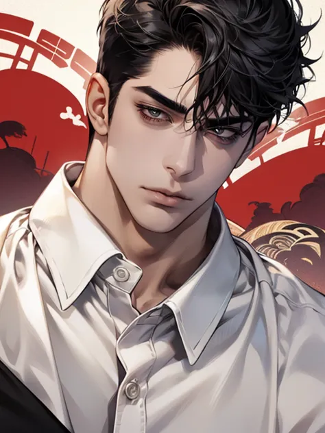  ultra detailed ,Haig Quality,OUTLINE,1masculino,macho maduro,Pretty face,(short black hair), handsome men,pearl skin , short sleeve white shirt ,droopy eyes, Japanese high school ,dynamic angle, Japanese anime ,corps inteiro, face forward 