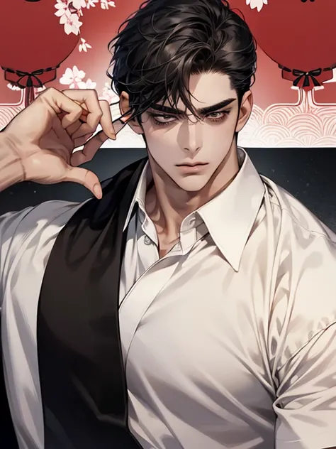  ultra detailed ,Haig Quality,OUTLINE,1masculino,macho maduro,Pretty face,(short black hair), handsome men,pearl skin , short sleeve white shirt ,droopy eyes, Japanese high school ,dynamic angle, Japanese anime ,corps inteiro, face forward 