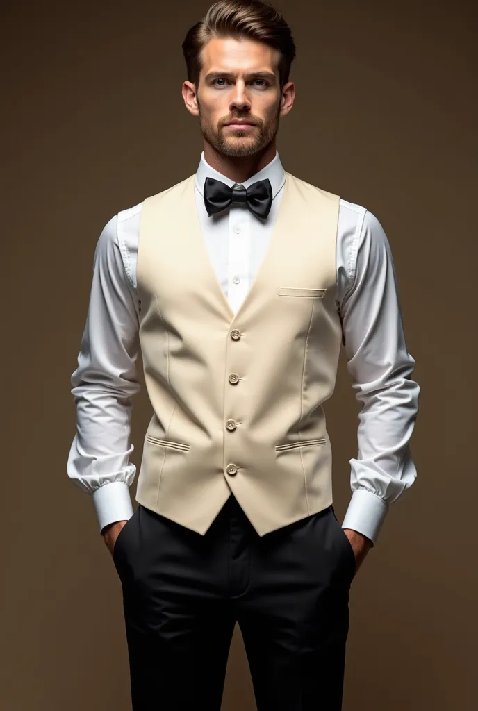 waiter uniform for a restaurant will be in a white shirt,  black pants  , black shoes with a creamish vest , with black bow tie 