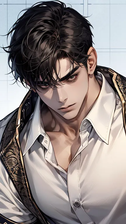  ultra detailed ,Haig Quality,OUTLINE,1masculino,macho maduro,Pretty face,(short black hair), handsome men,pearl skin , short sleeve white shirt ,droopy eyes, Japanese high school ,dynamic angle, Japanese anime ,corps inteiro, face forward 