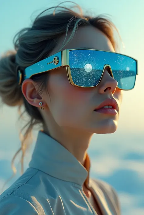 The model is wearing glass sunglasses with stars and the moon on the glass