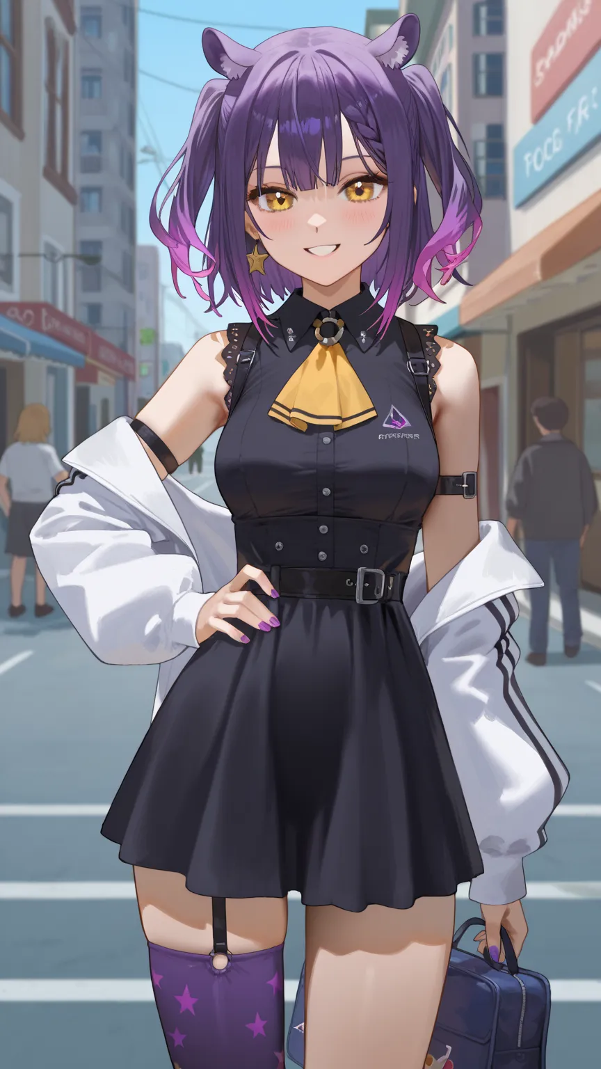 NSFW,masterpiece, best quality , high resolution, very detailed on trends,Towa Tokoyami\( Hololive\), sleeveless dress、 black dress 、O-ring、 yellow ascot、white detached sleeve、Single knee-high、Purple knee-highs, Customs,Nightlife,custom street