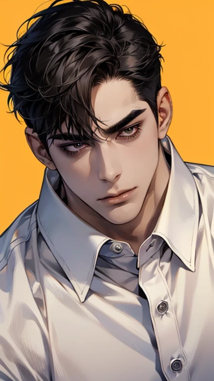  ultra detailed ,Haig Quality,OUTLINE,1masculino,macho maduro,Pretty face,(short black hair), handsome men,pearl skin , short sleeve white shirt ,droopy eyes, Japanese high school ,dynamic angle, Japanese anime ,corps inteiro, face forward 